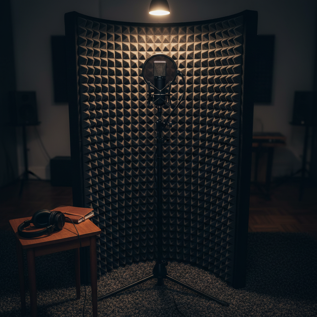 An inviting vocal recording corner in photographic realism, designed for solo artists. A large-diaphragm condenser microphone with a matte black body stands in the center, surrounded by a wraparound portable vocal booth lined with dense acoustic foam. Below, a sturdy, height-adjustable stand rests on a dark, textured studio carpet. To the side, a small wooden side table holds a closed notebook and a pair of folded studio headphones, hinting at prepared lyrics. Soft, warm spotlighting from above focuses on the microphone, while the rest of the room gently fades into shadow, emphasizing intimacy and concentration. Captured at eye level with a medium depth of field, the composition exudes a professional yet cozy vibe, perfect for focused vocal sessions.
