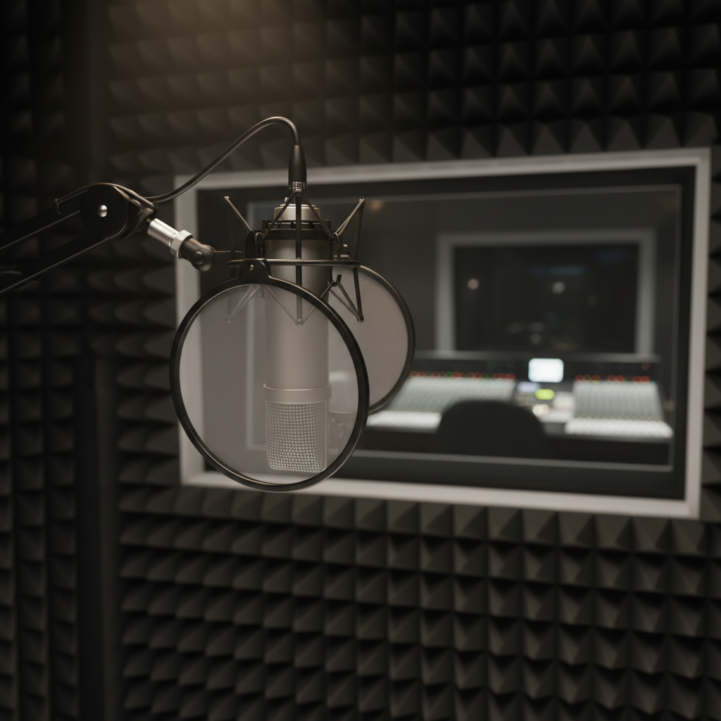 A pristine recording booth captured in photographic realism, featuring a suspended large-diaphragm condenser microphone with a metallic silver body and fine mesh grille, mounted on a black shock mount and adjustable boom arm. A circular pop filter hovers in front of the mic, its mesh texture clearly visible. The background shows dark acoustic foam panels arranged in a geometric pattern, with a studio window revealing a softly blurred control room and mixing console beyond. Focused, warm spotlighting highlights the microphone and pop filter, while subtle ambient light from the control room adds depth. The composition is centered with a shallow depth of field, creating an intimate, professional atmosphere that evokes precision recording sessions at a serious studio.
