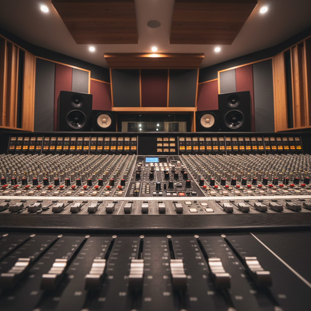 A sleek, modern recording studio control room in photographic realism, with a large, dark-wood mixing console as the central focus. Dozens of illuminated faders, knobs, and colorful LED meters glow softly, their brushed metal surfaces catching subtle reflections. High-end studio monitors sit on each side of the console, framed by acoustic treatment panels in deep charcoal and warm burgundy tones. Soft, warm overhead lighting and dim LED strips under the console cast gentle highlights and controlled shadows, creating a focused yet inviting mood. Shot at eye level with a slight wide-angle, the foreground console is in crisp focus while the rear wall with sound diffusers gently blurs, emphasizing a professional, high-end recording environment ready for reservations.