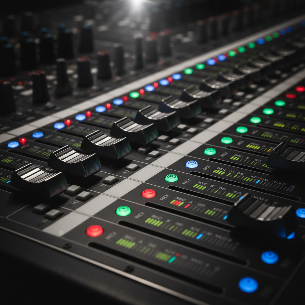 A close-up photographic detail of a high-end mixing console at Fatstory’s Record Studio, emphasizing a row of motorized faders, each with tiny numerical markings and smooth metallic caps. Colored channel strips with small illuminated buttons—red for record, green for play, blue for mute—create a rhythmic pattern of light. LED level meters climb and fall dynamically, reflected faintly in the glossy black surface surrounding the controls. The lighting is low and moody, with a single directional light from above creating dramatic highlights along the fader edges and soft shadows between them. Shot at a shallow angle with selective focus, the front faders are razor sharp while the rest of the console drifts into a pleasing bokeh, conveying technical precision and creative energy.
