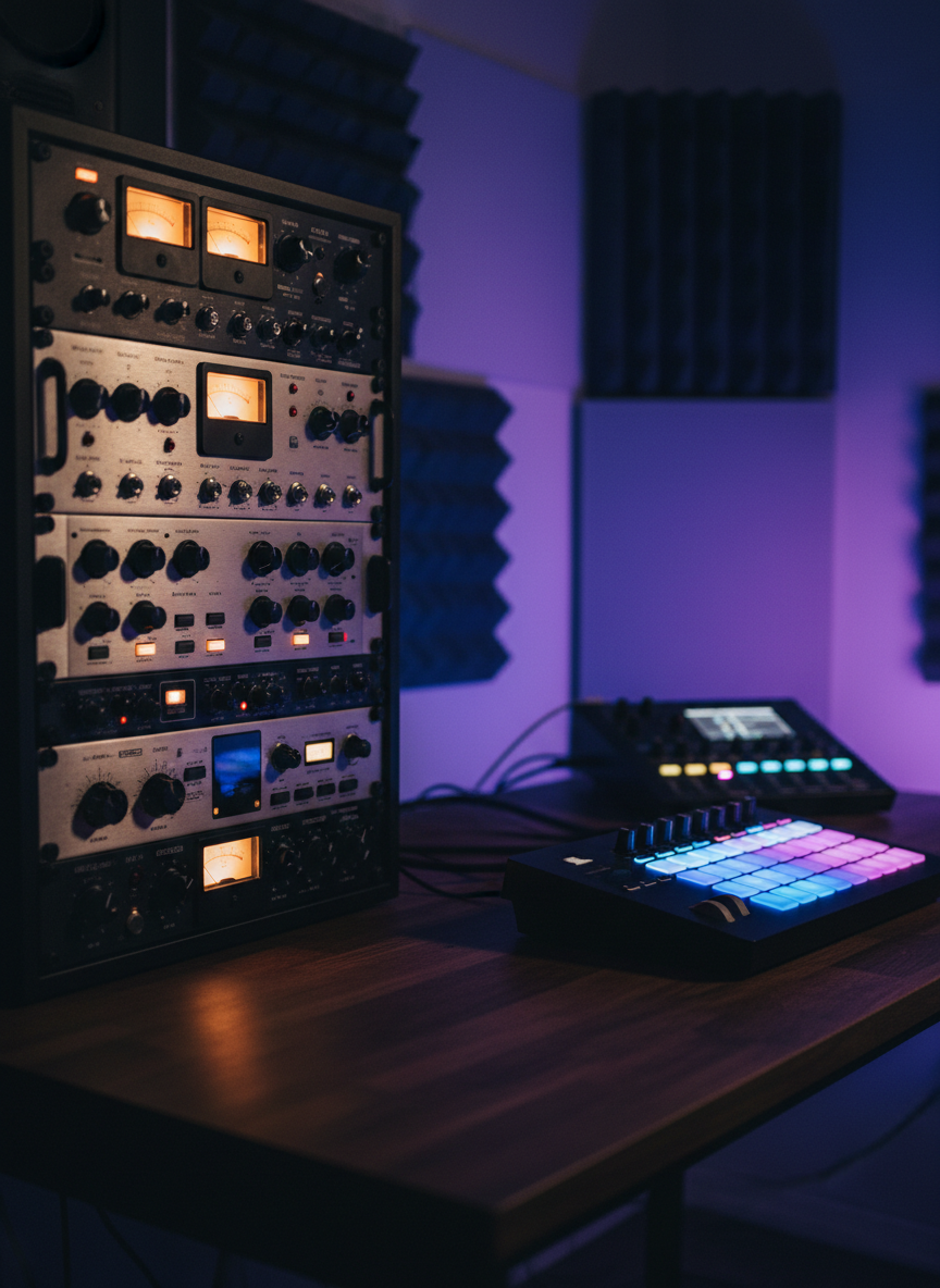 A moody, low-light photographic shot of an analog-meets-digital corner in Fatstory’s Record Studio, perfect for creative producers. A classic rack of outboard gear—compressors, EQs, and preamps with warm backlit VU meters—lines the left side, their brushed metal faces and engraved labels catching stray glints of light. On the right, a MIDI keyboard controller with illuminated pads and knobs rests on a dark desk beside a compact mixing surface. Colored LED ambient lighting in subtle blue and purple washes the walls and highlights acoustic panels in the background. The composition uses rule-of-thirds with a medium depth of field, creating a rich, immersive scene that feels both technically advanced and artistically inspiring, ideal for modern beatmaking and sound design sessions.