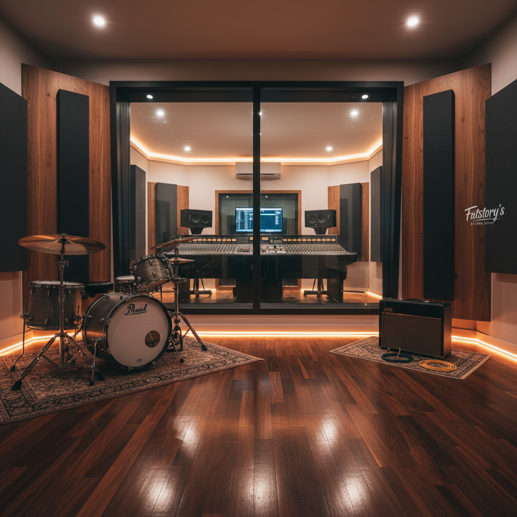 A cinematic, wide-angle photographic shot of a full recording space at Fatstory’s Record Studio, showing both the live room and control area separated by a large double-glazed window. In the foreground, a polished hardwood floor reflects the subtle glow of floor-level LED strips. A drum kit with shimmering cymbals sits to the left, and a guitar amplifier with a neatly coiled cable sits to the right, both surrounded by strategically placed acoustic panels. Through the glass, a sophisticated mixing console and studio monitors are visible, softly lit by dimmable ceiling lights. The overall lighting is warm and controlled, with accent lights highlighting the instruments and equipment, creating a focused, professional yet welcoming atmosphere ideal for serious recording sessions.