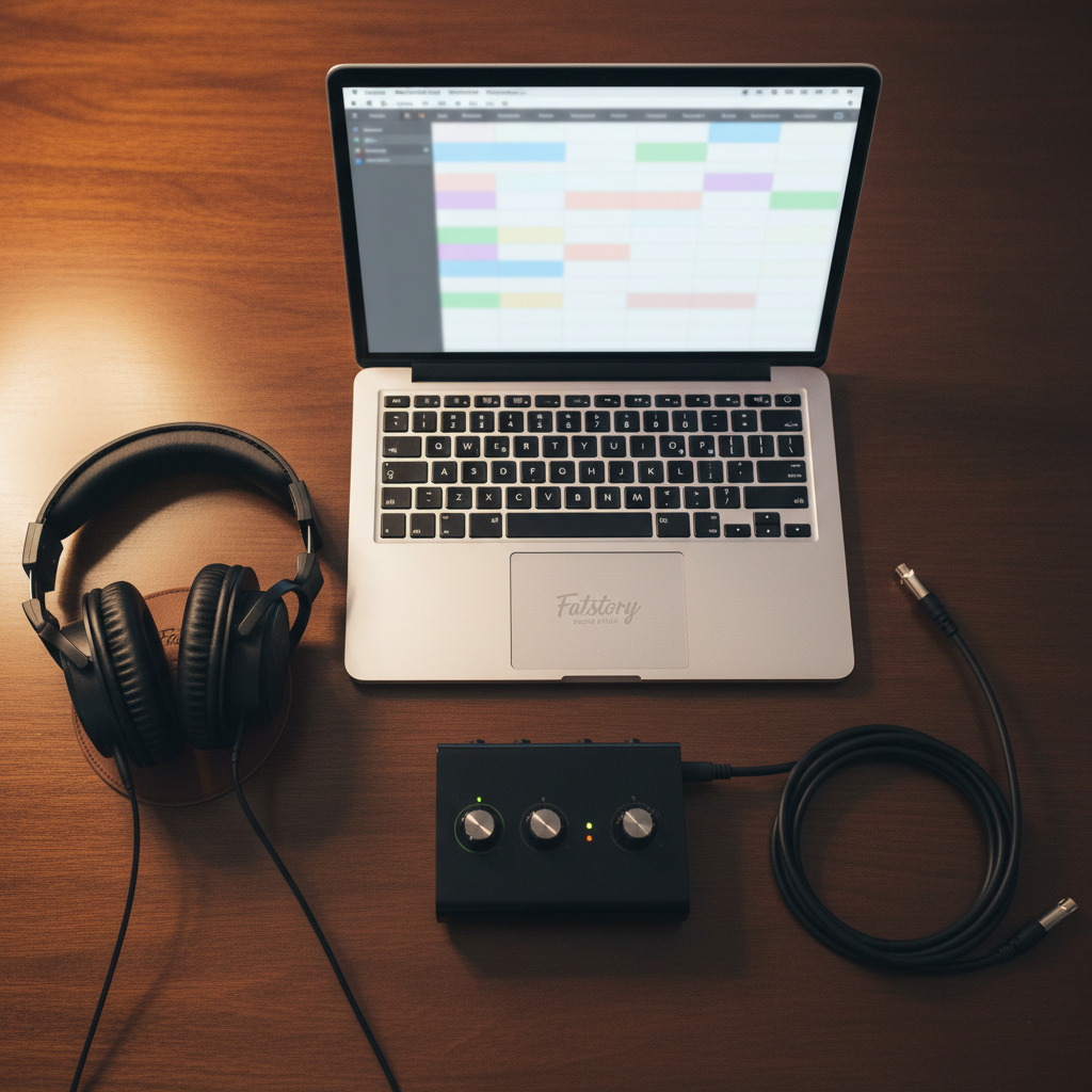 A top-down, photographic view of a studio booking setup on a tidy dark-wood desk, symbolizing the simple reservation process for Fatstory’s Record Studio. At the center lies an open, modern laptop showing a blurred interface with colorful blocks suggesting a scheduling calendar, surrounded by a pair of over-ear studio headphones with cushioned leather pads, a compact USB audio interface with glowing level indicators, and a coiled XLR cable neatly arranged. Soft, indirect warm light from an unseen desk lamp creates gentle reflections on the metal and plastic surfaces, with subtle shadows defining each object. The mood is organized and approachable, blending professional studio gear with a clean, minimal workspace, emphasizing ease of booking sessions online.