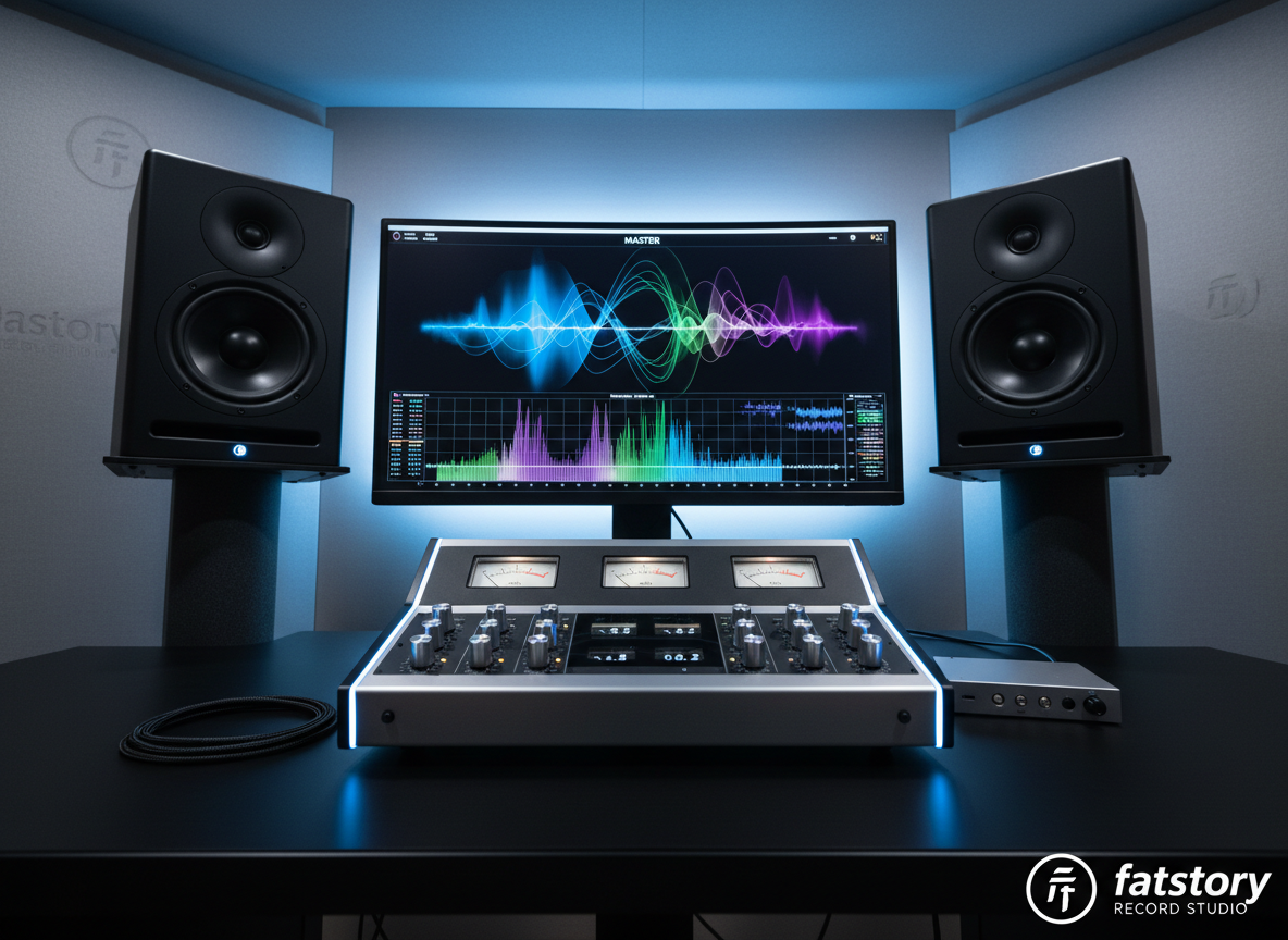 A clean, modern mastering setup in photographic realism, showcasing the final stage of production at Fatstory’s Record Studio. Twin high-resolution studio monitors sit on sculpted isolation stands, framing a large computer display filled with abstract, blurred waveforms and frequency graphs. A compact but powerful mastering console with silver knobs and VU meters occupies the foreground, its needle indicators frozen mid-movement. The desk surface is matte black, free of clutter, with only a small audio interface and a coiled patch cable visible. Cool, balanced LED lighting from behind the screen creates a soft halo, while subtle accent lights on the console add depth. Shot from a slightly elevated angle with sharp focus throughout, the atmosphere feels precise, technical, and confidently professional.